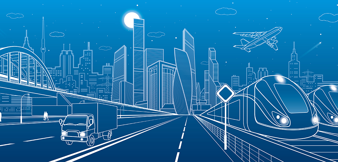 blue and white graphic design showing bridges, trains, highways, vehicles and airplanes with a cityscape in the background